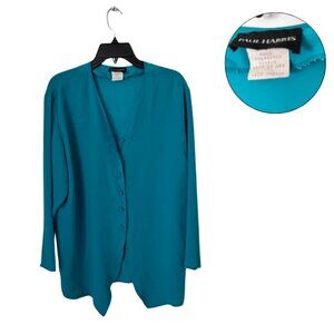Paul Harris Teal Button Front Blouse Medium Long Sleeve Top
